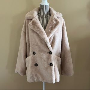 Free People Apricot Beige Kate Faux Fur Double Breasted Teddy Coat W/ Pockets S